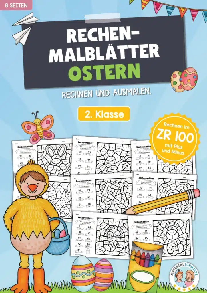 8 Rechenmalblätter Ostern: Zahlenraum 100