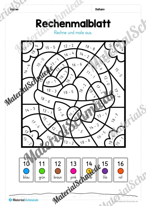 8 Rechenmalblätter zu Ostern im Zahlenraum bis 20 (Vorschau 03)