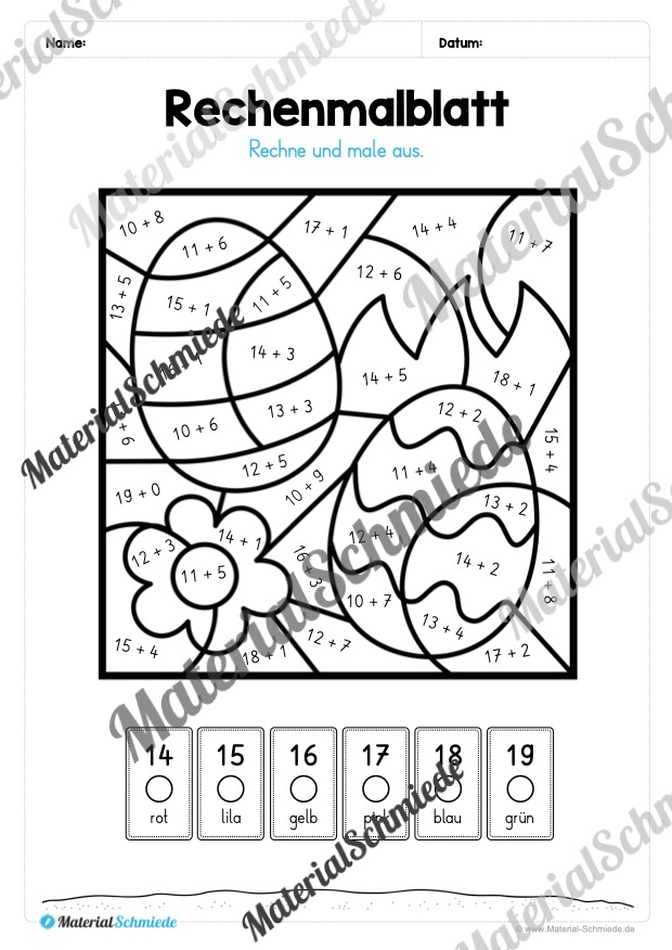 8 Rechenmalblätter zu Ostern im Zahlenraum bis 20 (Vorschau 06)