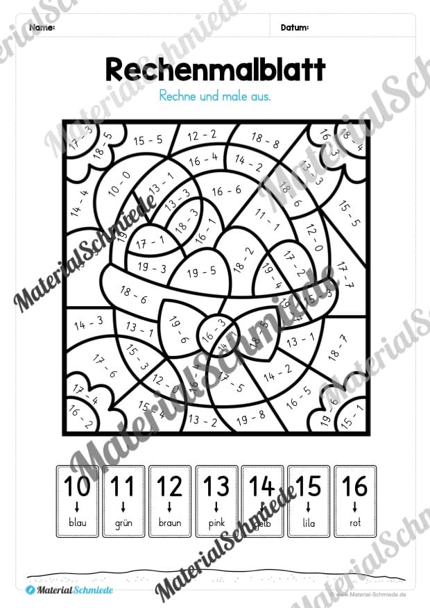 8 Rechenmalblätter zu Ostern im Zahlenraum bis 20 (Vorschau 11)