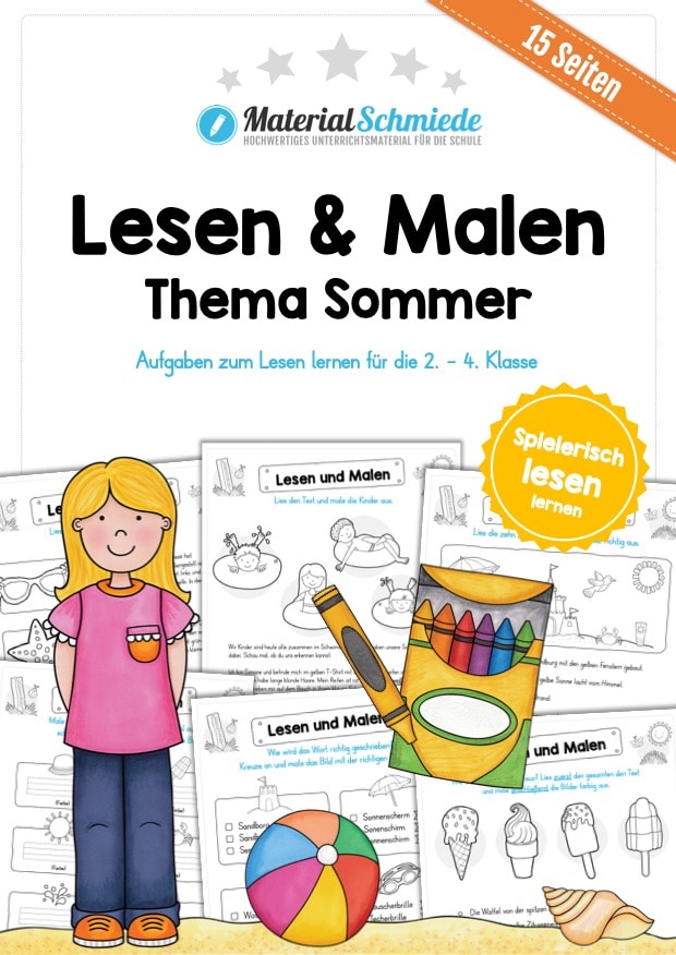 15 Arbeitsblätter zum Lesen & Malen im Sommer