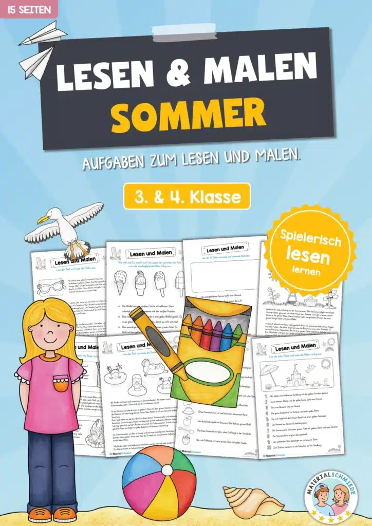 15 Arbeitsblätter zum Lesen & Malen im Sommer