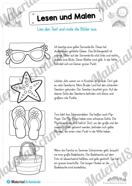 15 Arbeitsblätter: Lesen und Malen - Thema Sommer (Vorschau 01)