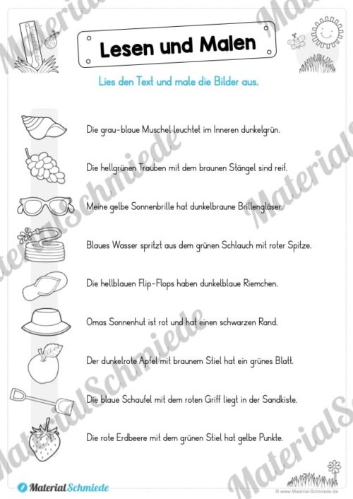 15 Arbeitsblätter: Lesen und Malen - Thema Sommer (Vorschau 05)