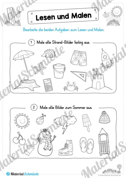 15 Arbeitsblätter: Lesen und Malen - Thema Sommer (Vorschau 06)