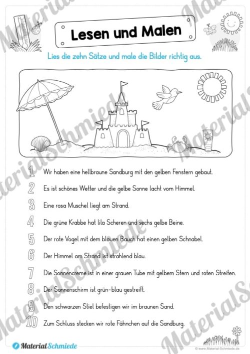 15 Arbeitsblätter: Lesen und Malen - Thema Sommer (Vorschau 07)