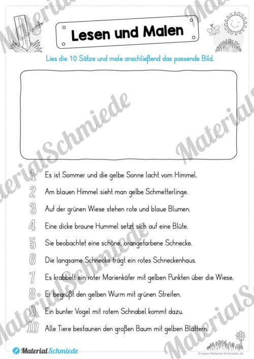 15 Arbeitsblätter: Lesen und Malen - Thema Sommer (Vorschau 10)