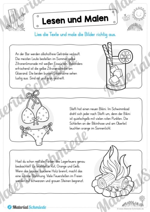 15 Arbeitsblätter: Lesen und Malen - Thema Sommer (Vorschau 10)