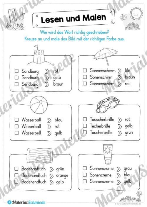15 Arbeitsblätter: Lesen und Malen - Thema Sommer (Vorschau 11)