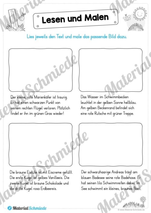 15 Arbeitsblätter: Lesen und Malen - Thema Sommer (Vorschau 12)