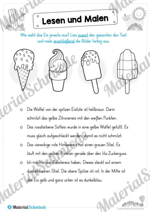 15 Arbeitsblätter: Lesen und Malen - Thema Sommer (Vorschau 14)