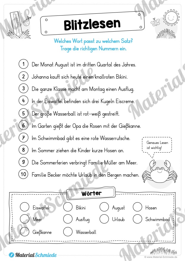 10 Leseübungen zum Sommer (Vorschau: Blitzlesen)
