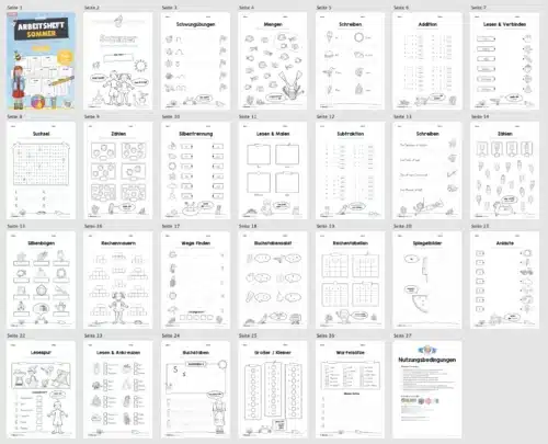 Materialpaket Sommer: 1. Klasse (25 Arbeitsblätter) - Überblick