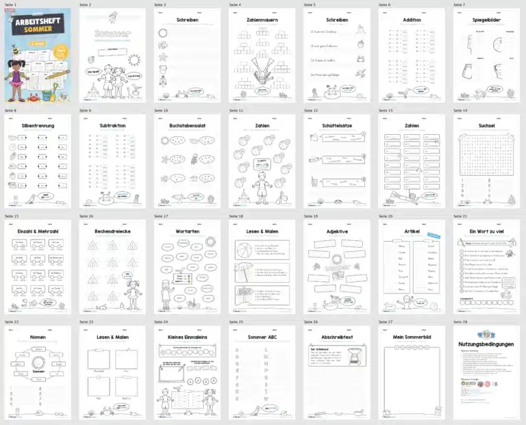 Materialpaket Sommer: 2. Klasse (25 Arbeitsblätter) – Überblick