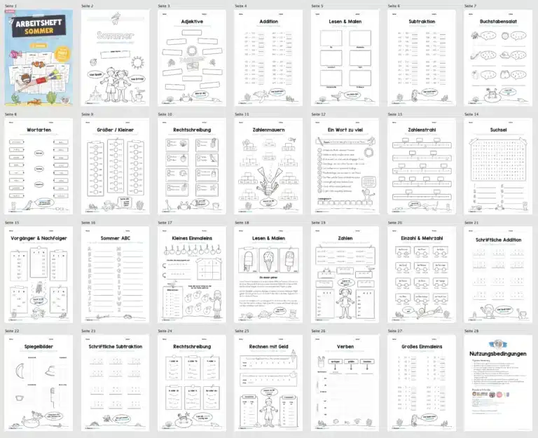 Materialpaket Sommer: 3. Klasse (25 Arbeitsblätter) – Überblick