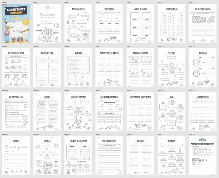 Materialpaket Sommer: 4. Klasse (25 Arbeitsblätter) – Überblick