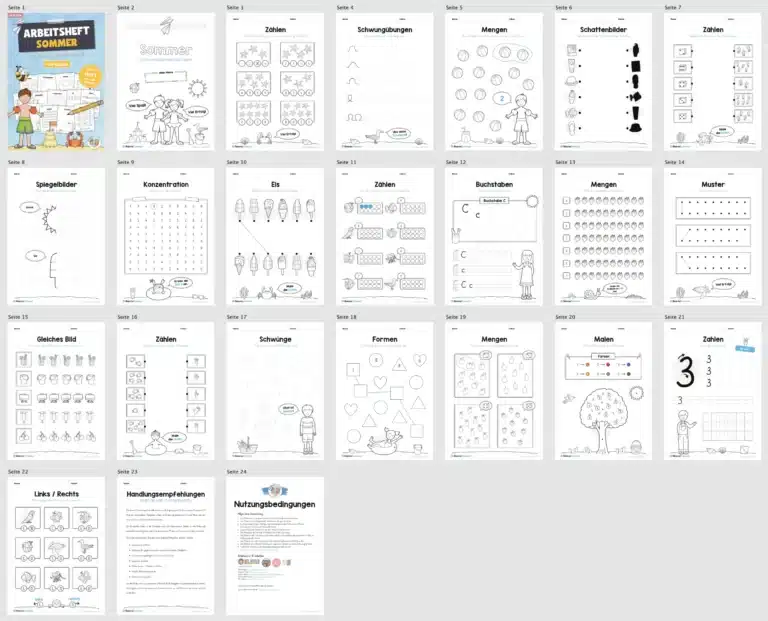Materialpaket Sommer: Vorschule (20 Arbeitsblätter) – Überblick
