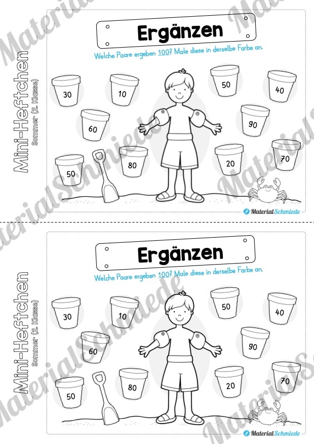 Mini-Heft: Sommer für die 2. Klasse (Zahlen bis 100 ergänzen)