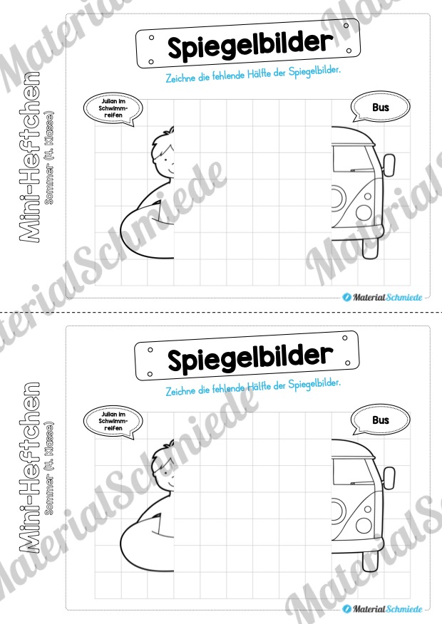 Mini-Heft: Sommer für die 4. Klasse (Spiegelbilder zum Sommer zeichenen)