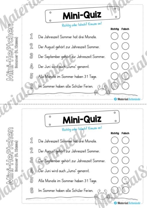 Mini-Heft: Sommer für die 4. Klasse (Mini-Quiz zum Sommer)