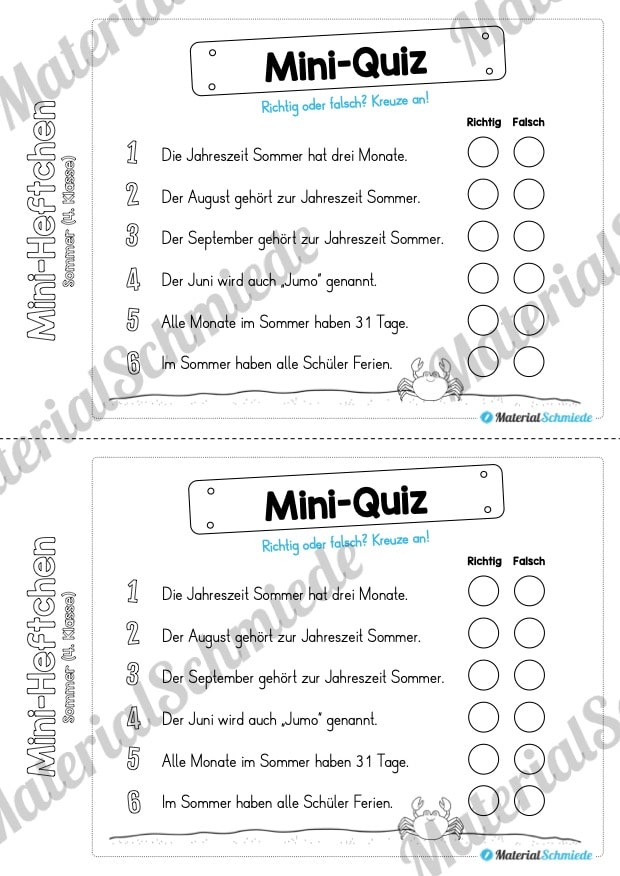 Mini-Heft: Sommer für die 4. Klasse (Mini-Quiz zum Sommer)