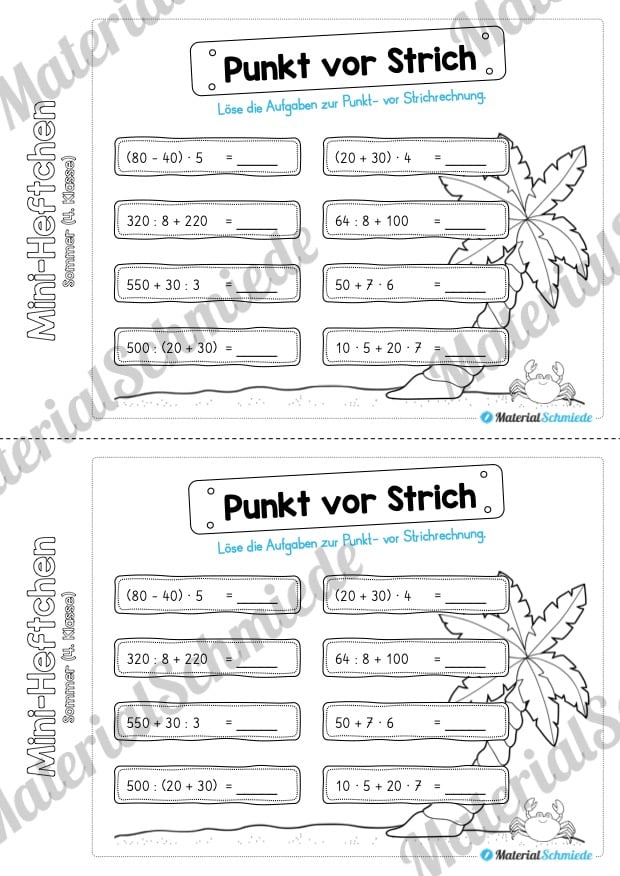 Mini-Heft: Sommer für die 4. Klasse (Punkt- vor Strich Aufgaben)