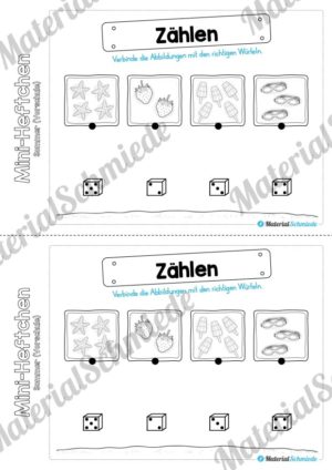 Mini-Heft: Sommer für die Vorschule (Abbildungen zählen und mit Würfel verbinden)