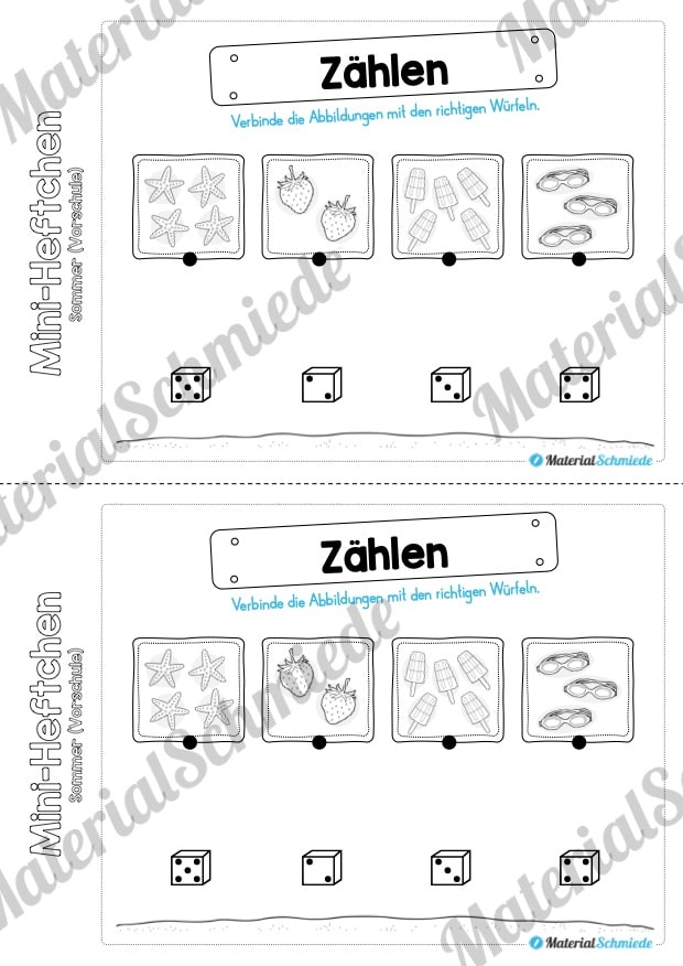 Mini-Heft: Sommer für die Vorschule (Abbildungen zählen und mit Würfel verbinden)