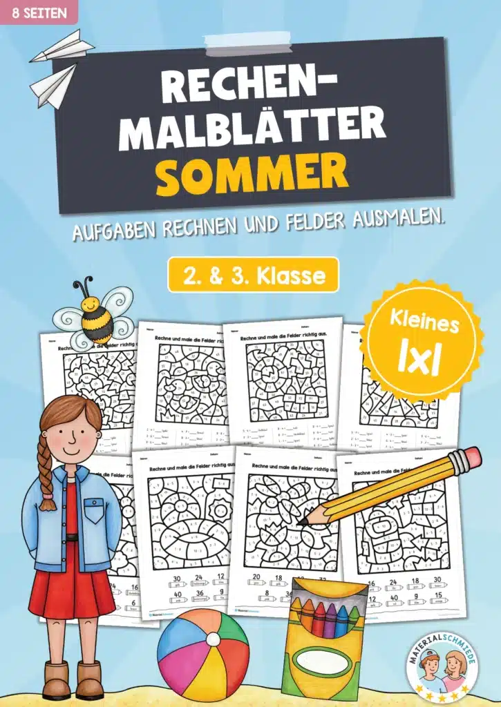 8 Rechenmalblätter Sommer: Kleines 1x1