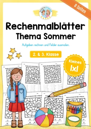 8 Rechenmalblätter Sommer: Kleines 1x1 (2. & 3. Klasse)
