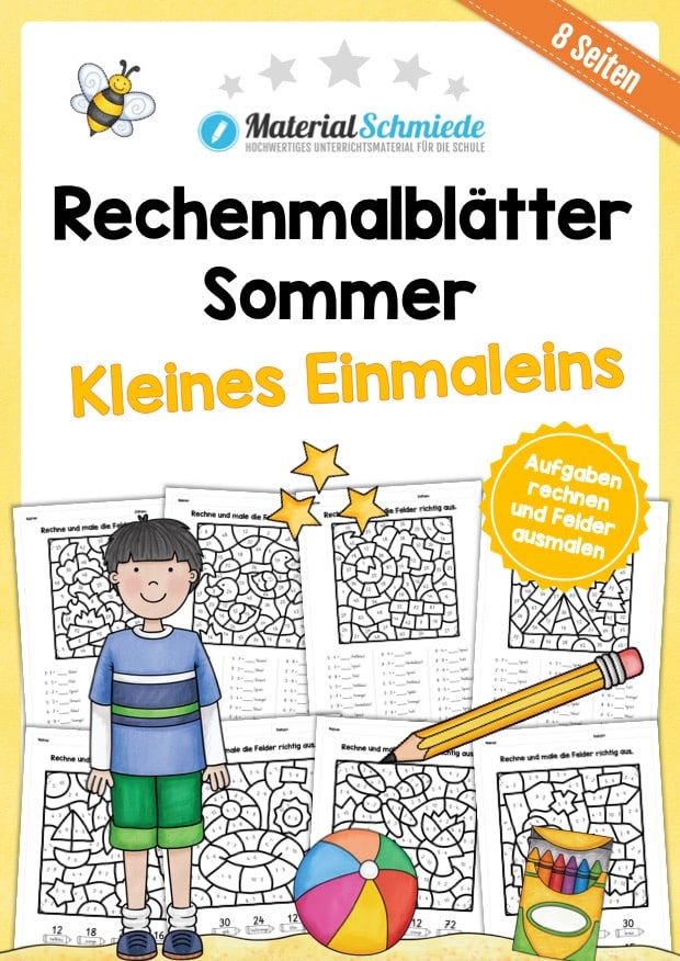 8 Rechenmalblätter zum Sommer: Kleines Einmaleins