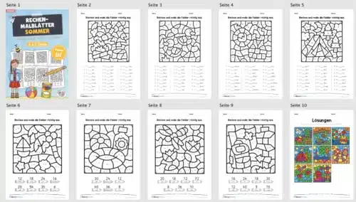 8 Rechenmalblätter Sommer: Kleines 1x1 (Überblick)