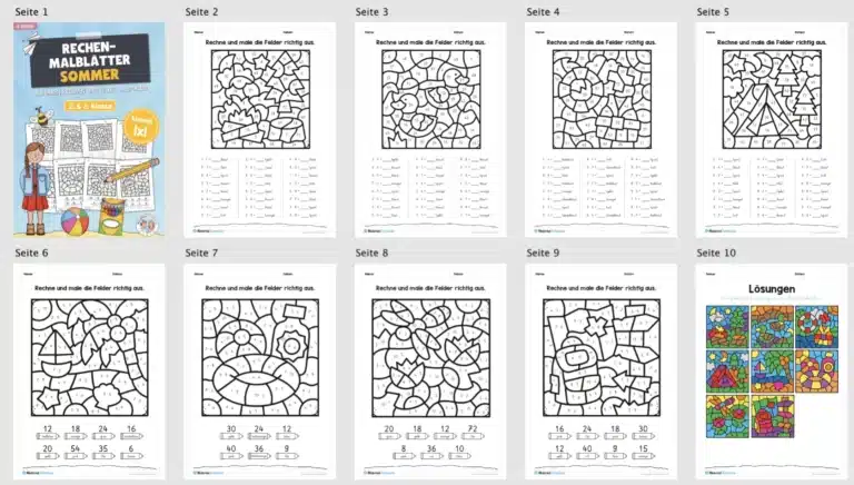 8 Rechenmalblätter Sommer: Kleines 1×1 (Überblick)