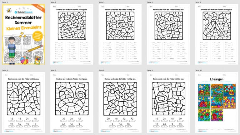 8 Rechenmalblätter zum Sommer: Kleines Einmaleins (Überblick)