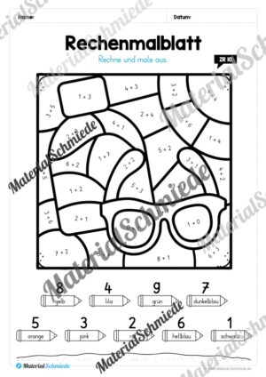 8 Rechenmalblätter zum Sommer im Zahlenraum bis 10 (Vorschau 01)