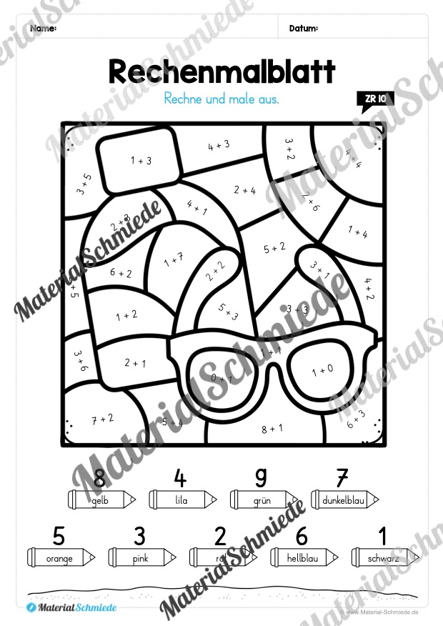 8 Rechenmalblätter zum Sommer im Zahlenraum bis 10 (Vorschau 01)