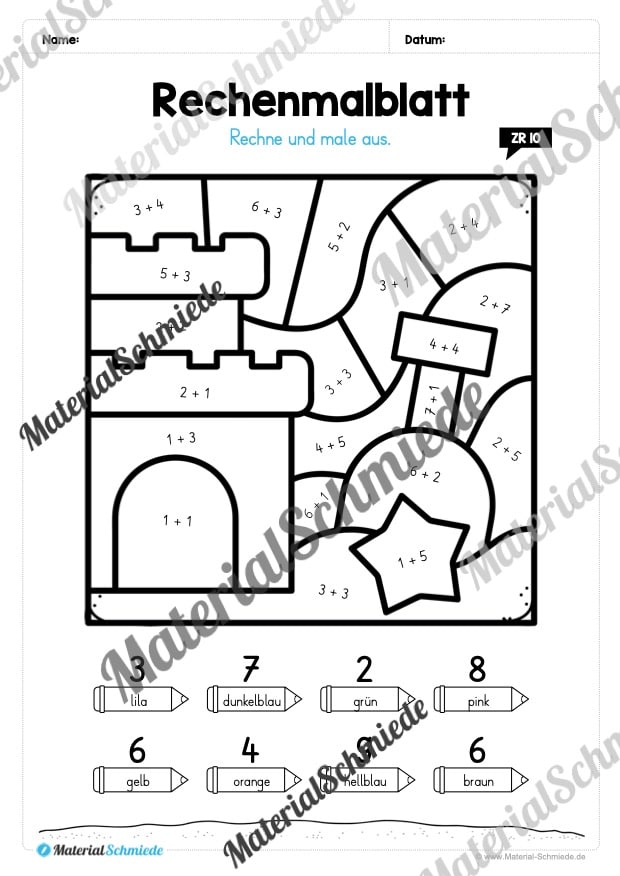 8 Rechenmalblätter zum Sommer im Zahlenraum bis 10 (Vorschau 02)