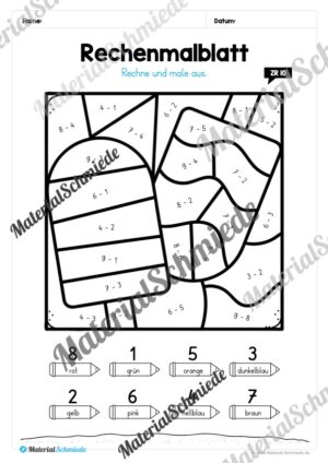 8 Rechenmalblätter zum Sommer im Zahlenraum bis 10 (Vorschau 04)