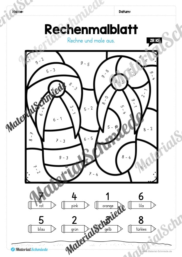 8 Rechenmalblätter zum Sommer im Zahlenraum bis 10 (Vorschau 05)