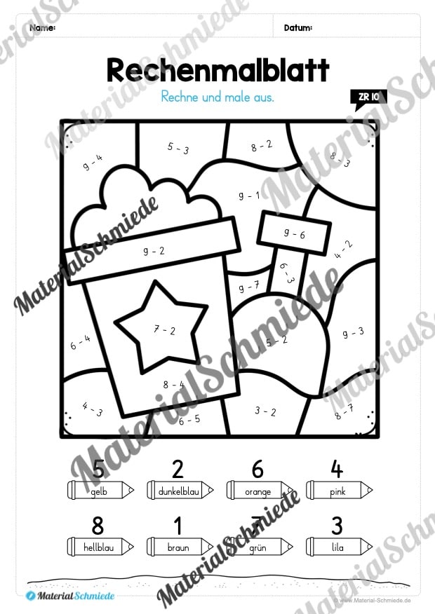 8 Rechenmalblätter zum Sommer im Zahlenraum bis 10 (Vorschau 06)