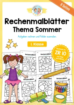 8 Rechenmalblätter Sommer: Zahlenraum 10
