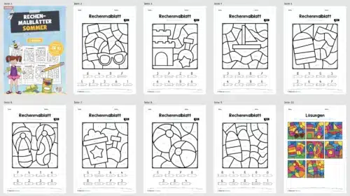 8 Rechenmalblätter zum Sommer im Zahlenraum bis 10 (Überblick)