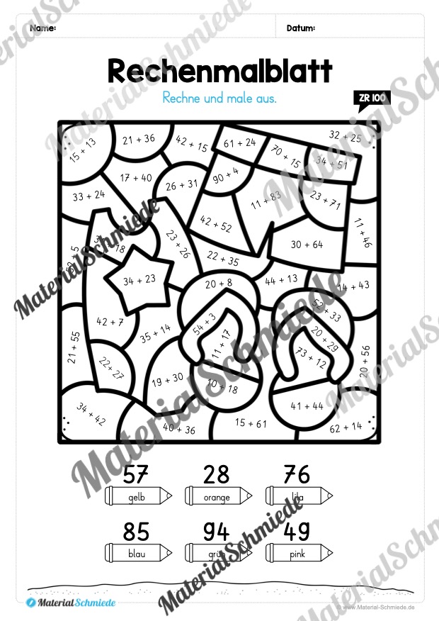 8 Rechenmalblätter zum Sommer im Zahlenraum bis 100 (Vorschau 01)