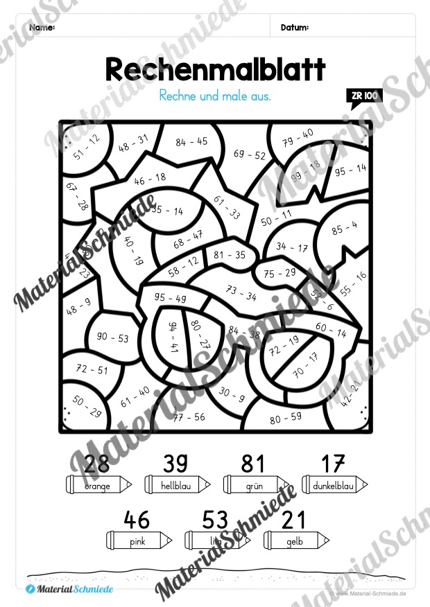 8 Rechenmalblätter zum Sommer im Zahlenraum bis 100 (Vorschau 04)