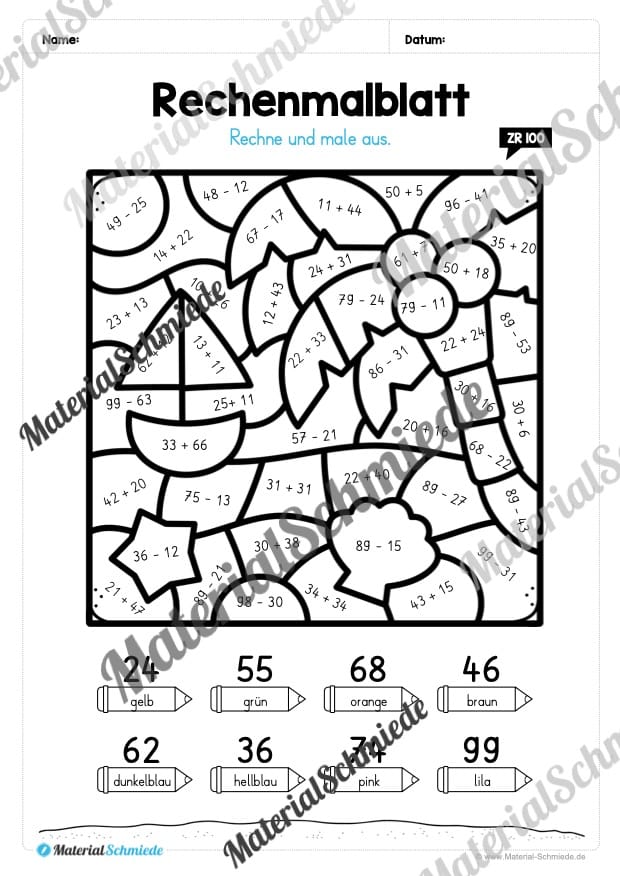 8 Rechenmalblätter zum Sommer im Zahlenraum bis 100 (Vorschau 06)
