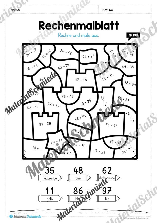 8 Rechenmalblätter zum Sommer im Zahlenraum bis 100 (Vorschau 07)