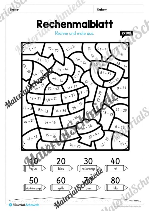 8 Rechenmalblätter zum Sommer im Zahlenraum bis 100 (Vorschau 08)