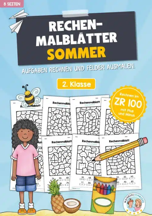 8 Rechenmalblätter Sommer: Zahlenraum 100