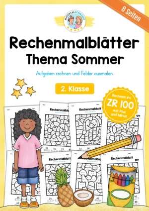 8 Rechenmalblätter Sommer: Zahlenraum 100 (2. Klasse)