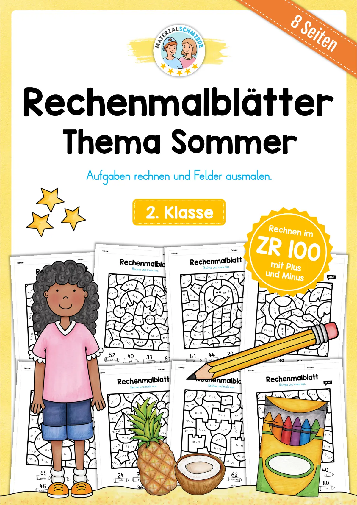 8 Rechenmalblätter Sommer: Zahlenraum 100 (2. Klasse)